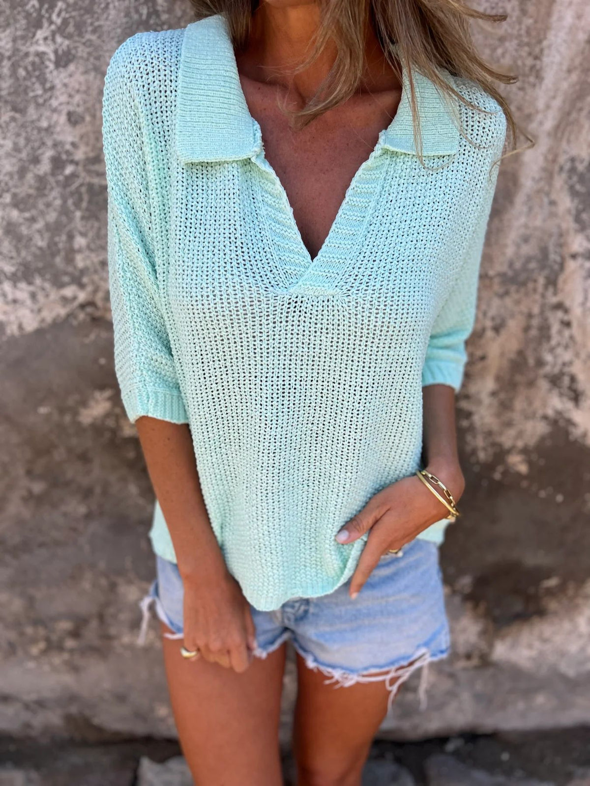 Open Knit Collared V Neck Top - mint