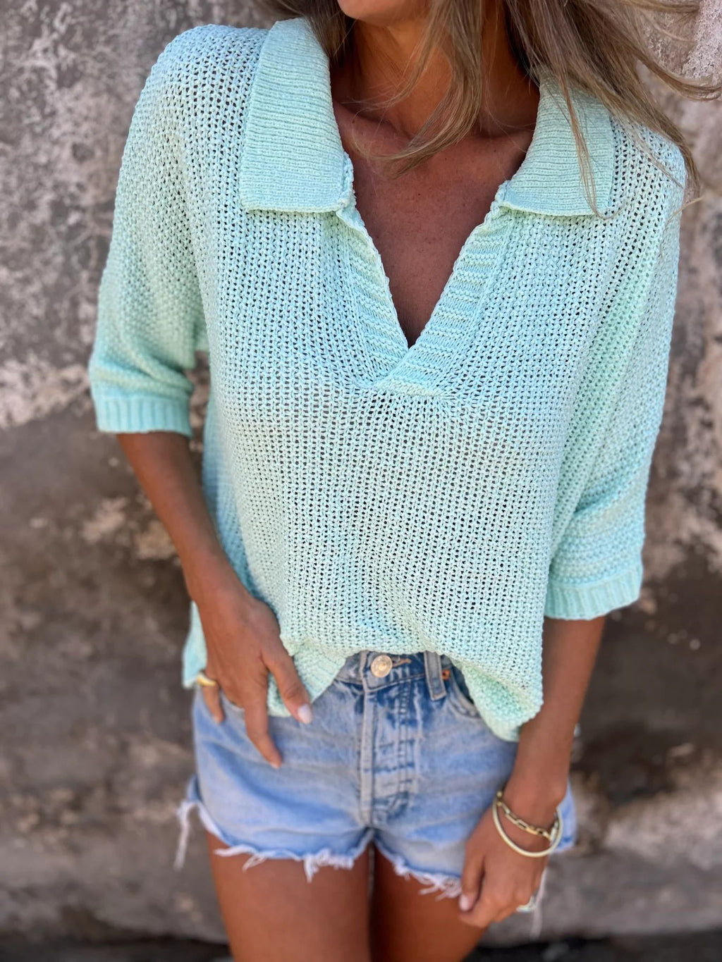 Open Knit Collared V Neck Top - mint - 2
