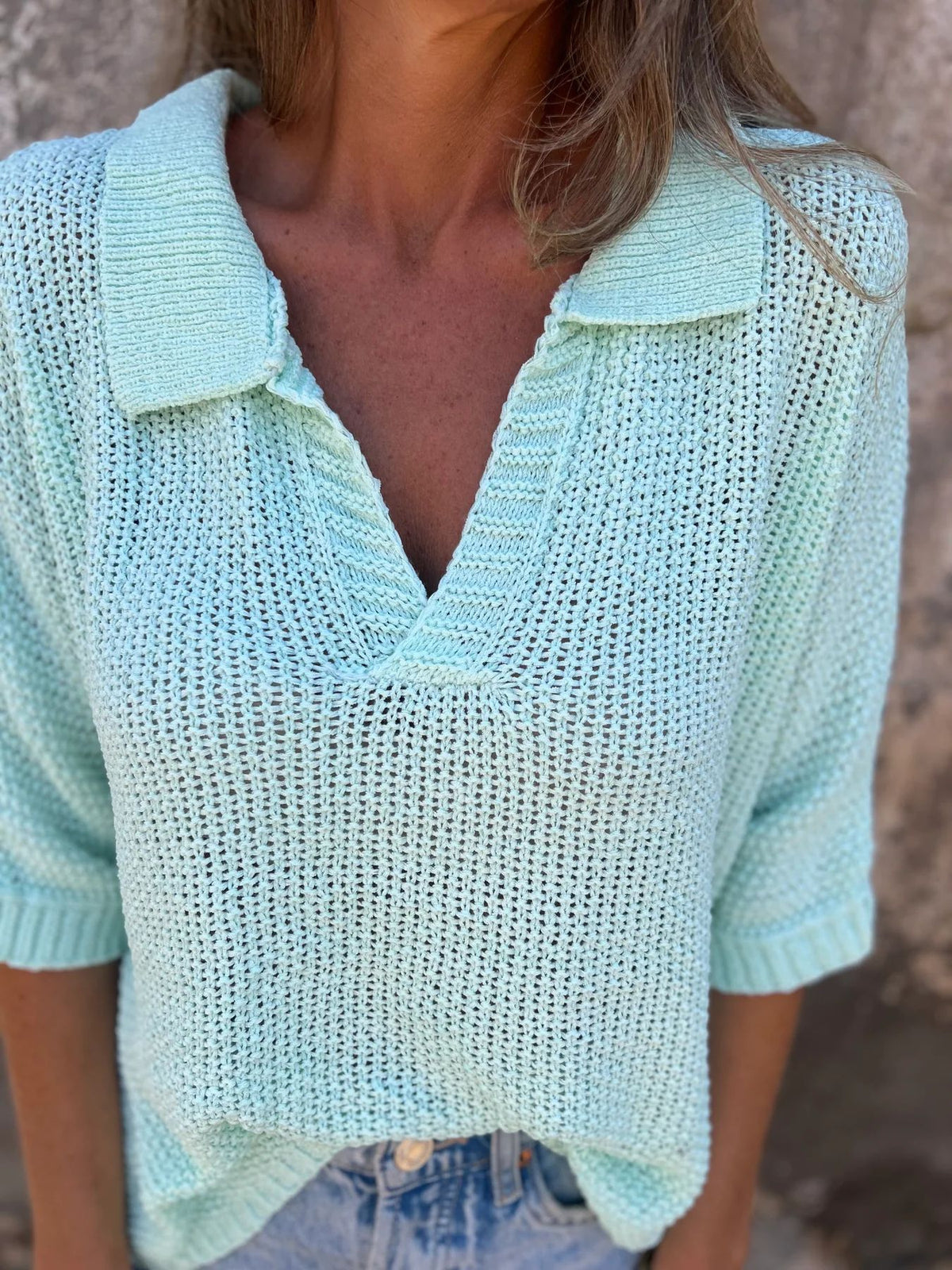Open Knit Collared V Neck Top - mint - 4