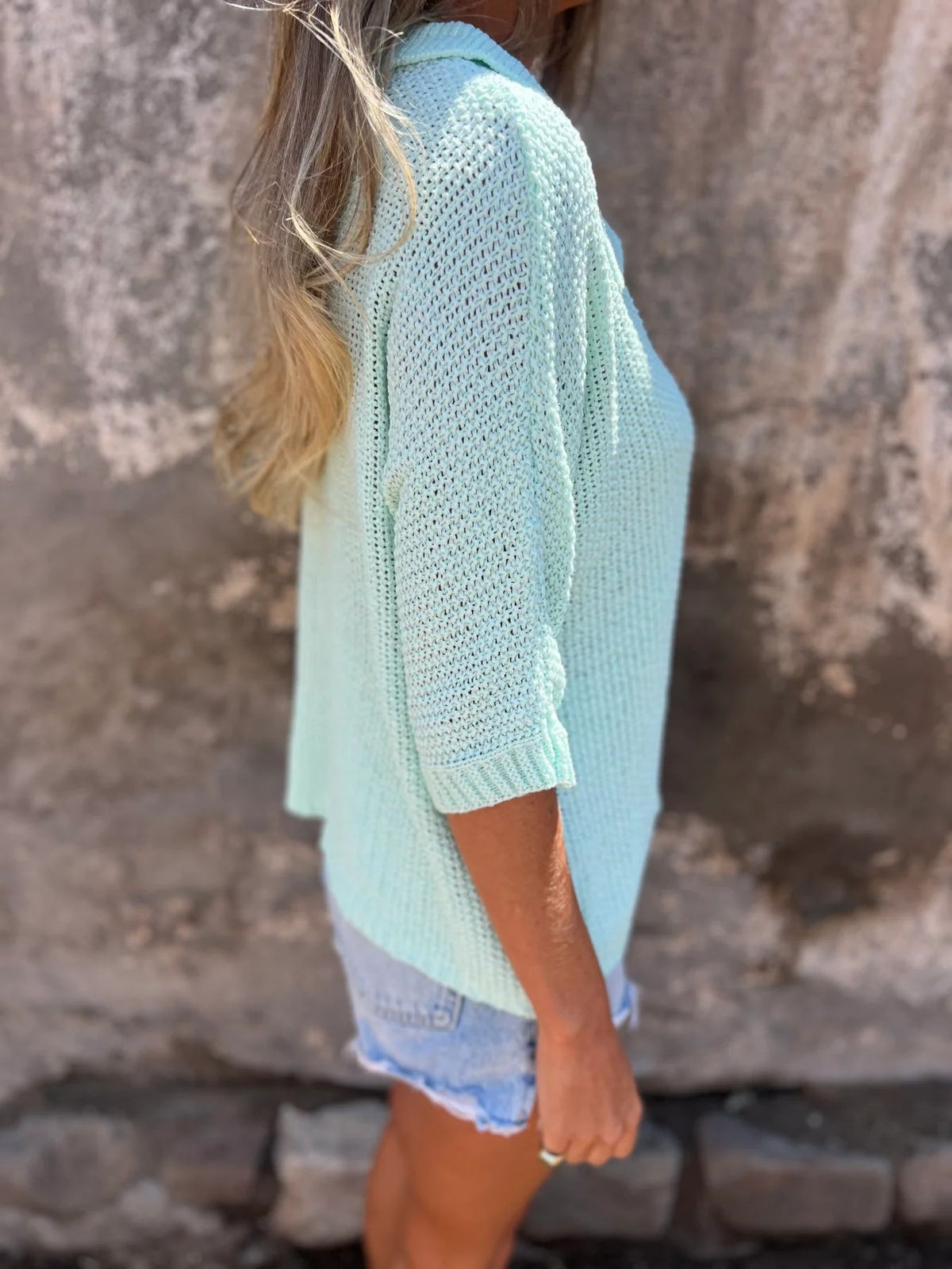 Open Knit Collared V Neck Top - mint - 5