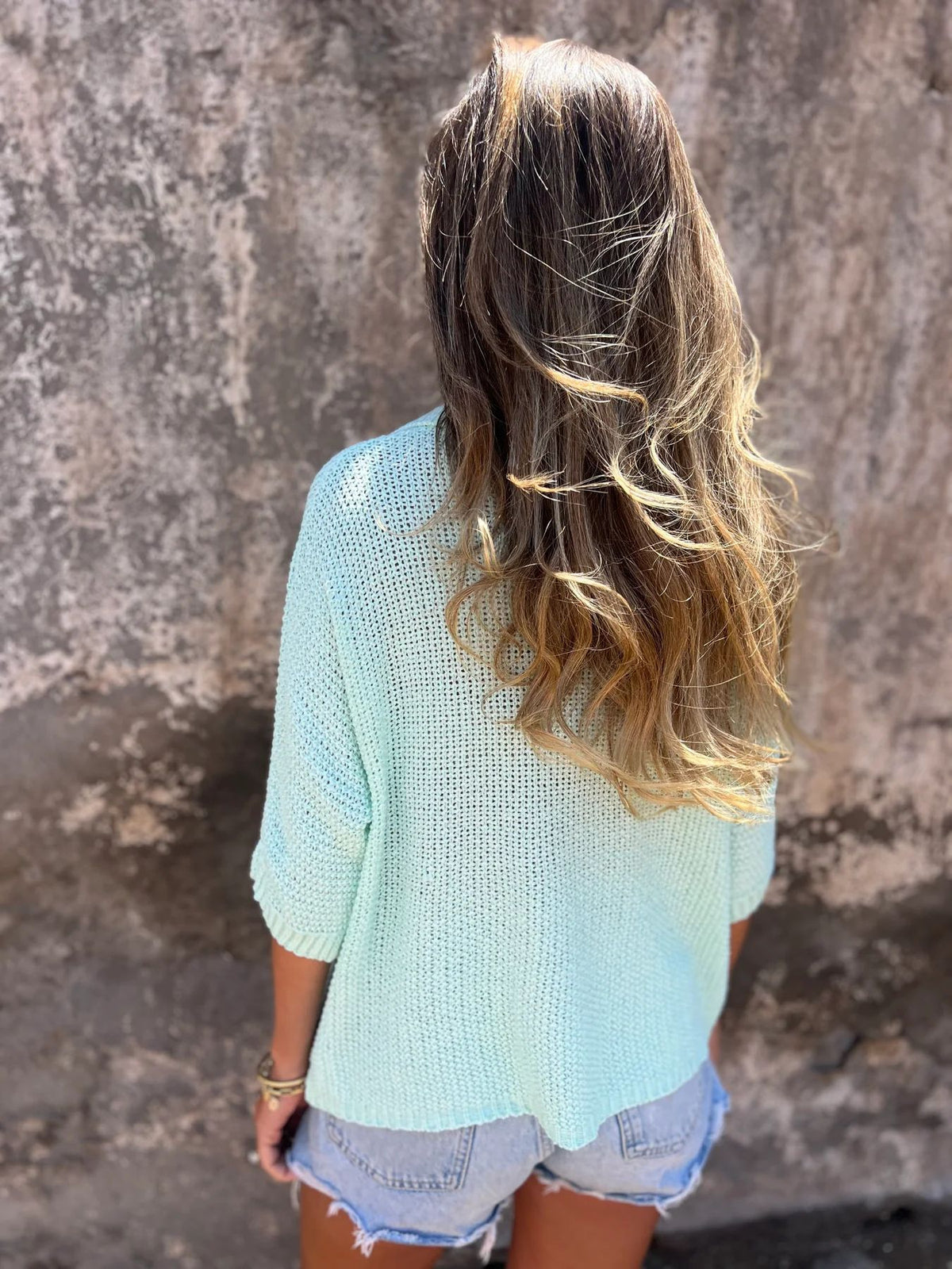 Open Knit Collared V Neck Top - mint - 6