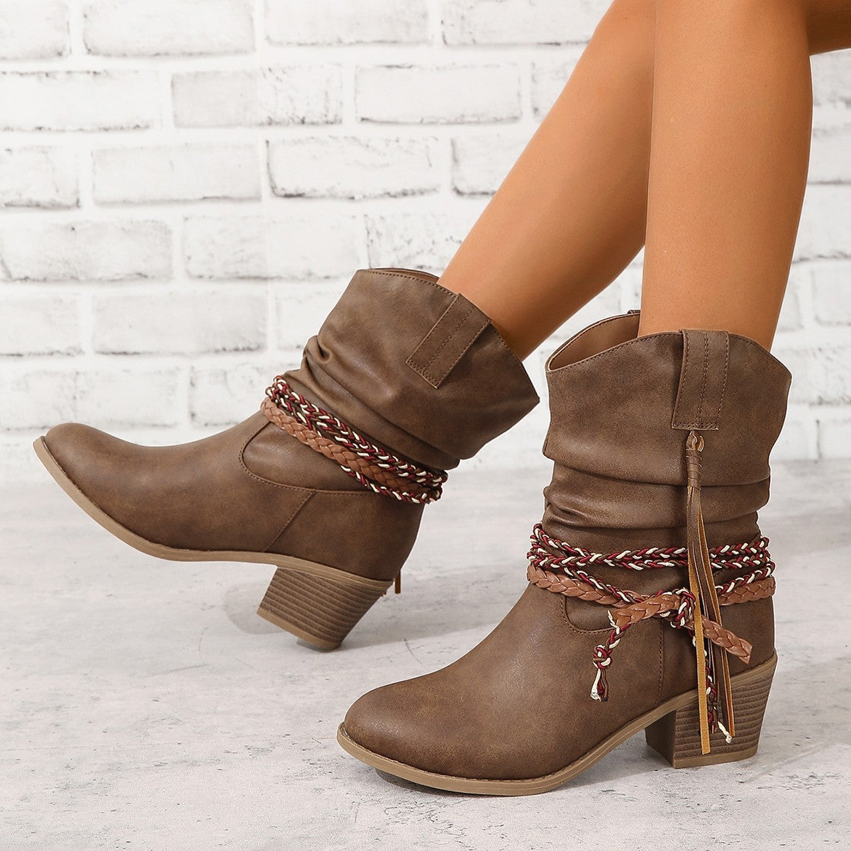 Pointed Toe Western Mid Calf Boots - Brown Braid