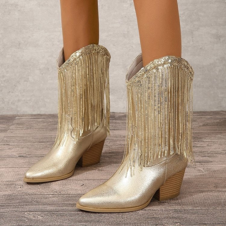 Pointed Toe Western Mid Calf Boots - Gold High-Heel