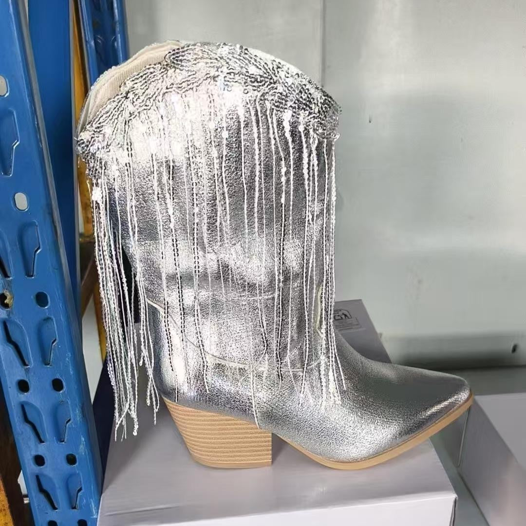 Pointed Toe Western Mid Calf Boots - Silver High-Heel