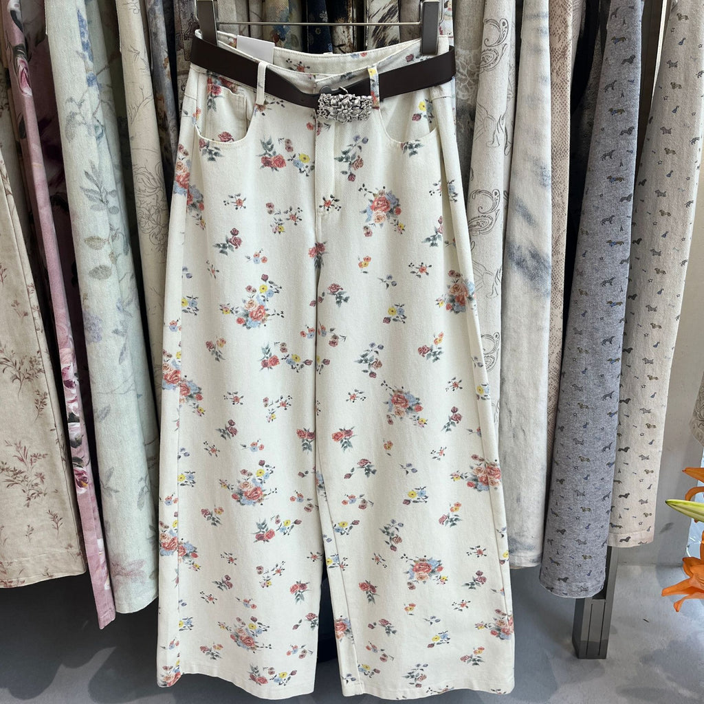 Vintage Rose Print Relaxed Wide Leg Jeans - Floral - 2