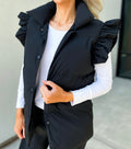 Ruffle Shoulder Longline Puffer Vest - Black