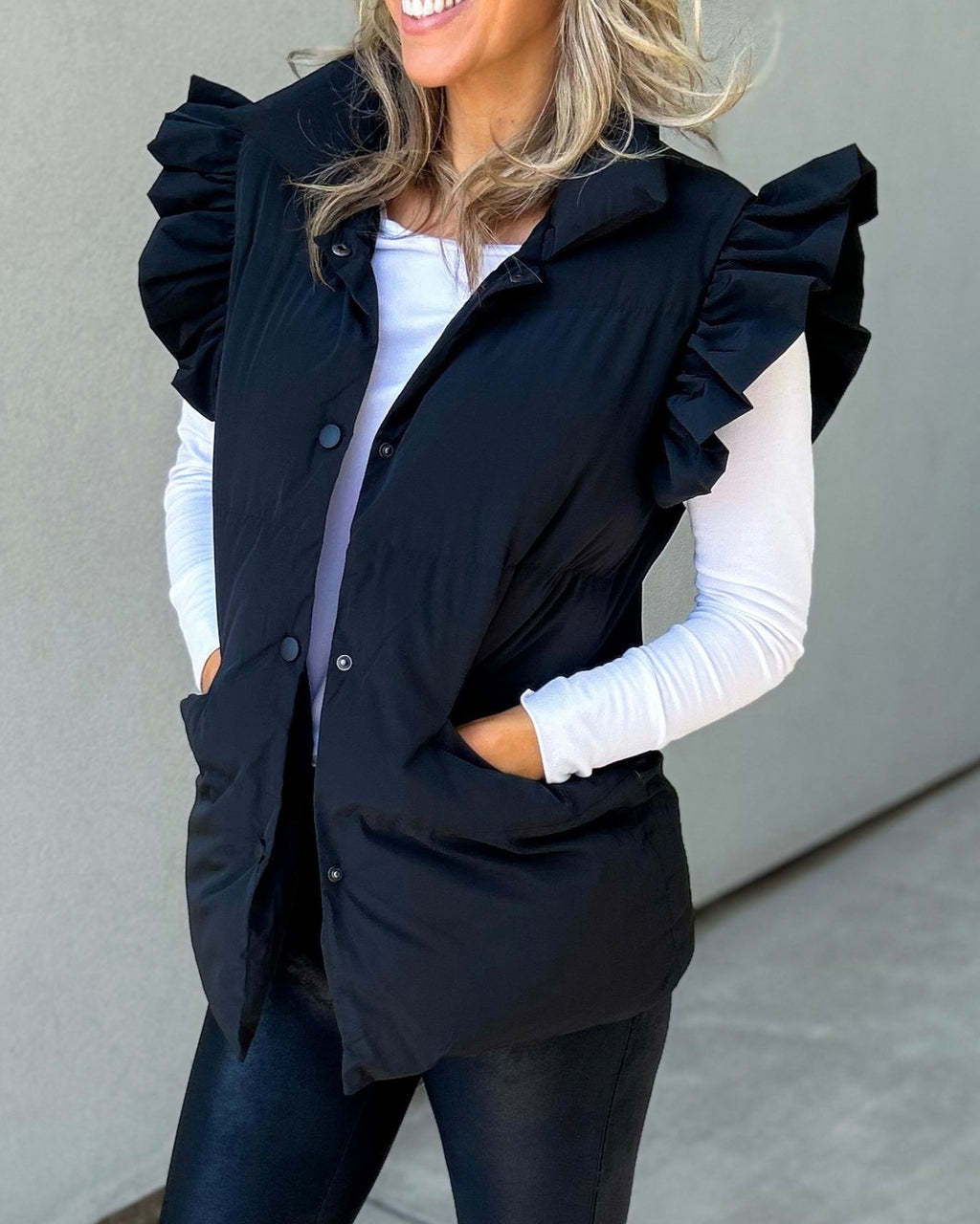 Ruffle Shoulder Longline Puffer Vest - Black - 1