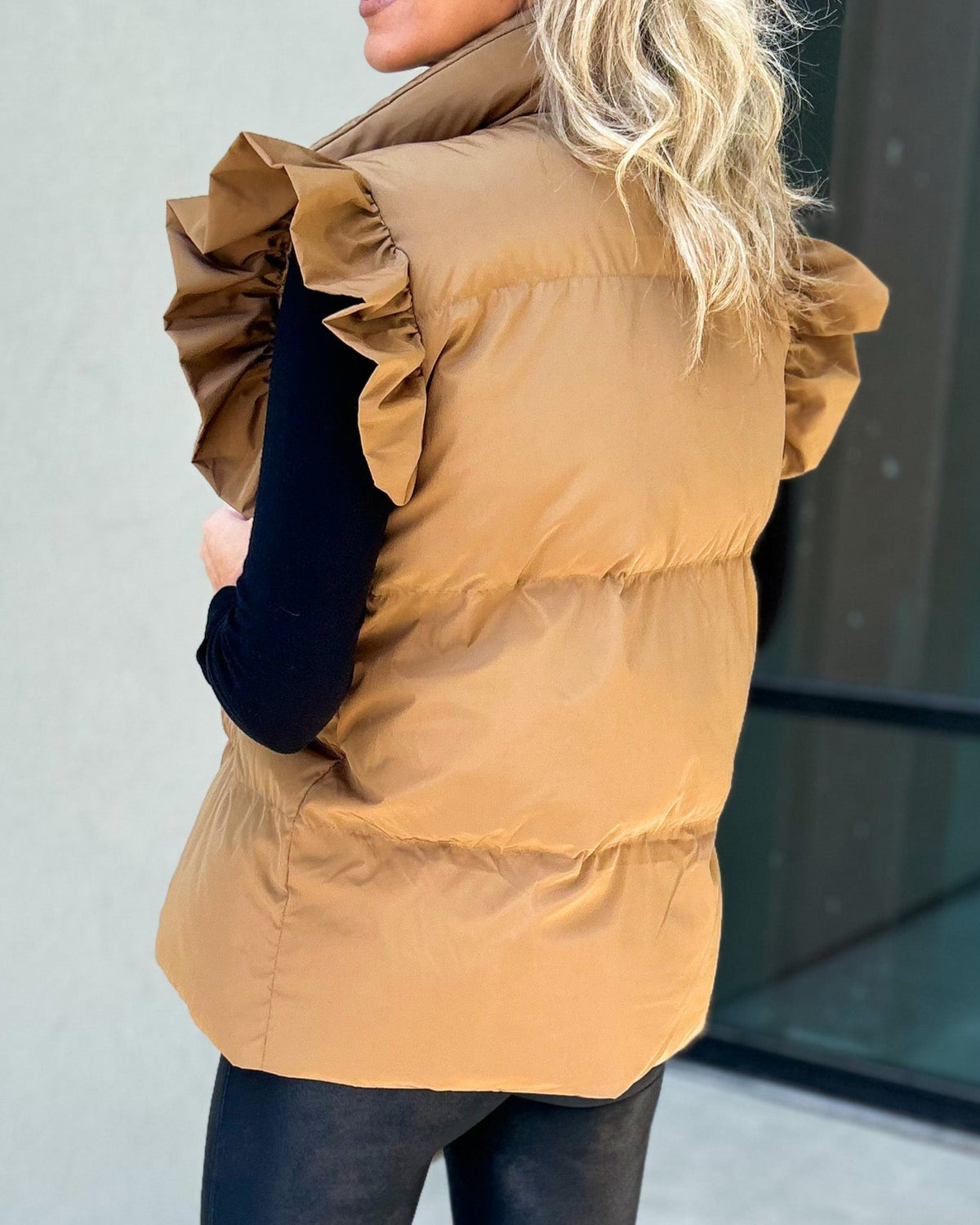 Ruffle Shoulder Longline Puffer Vest - Camel - 2