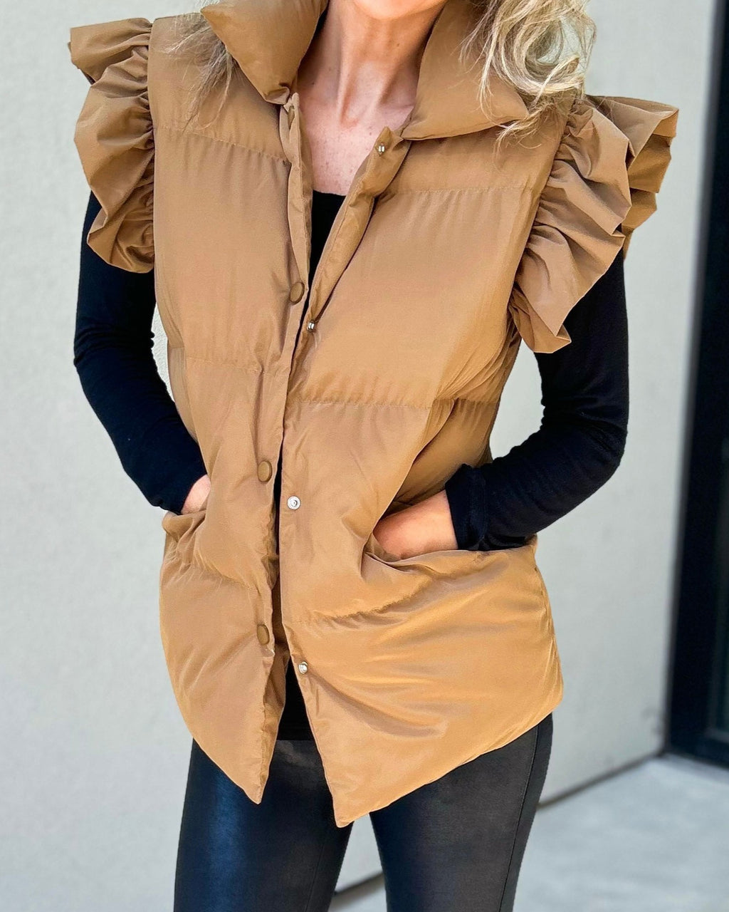 Ruffle Shoulder Longline Puffer Vest - Camel - 3