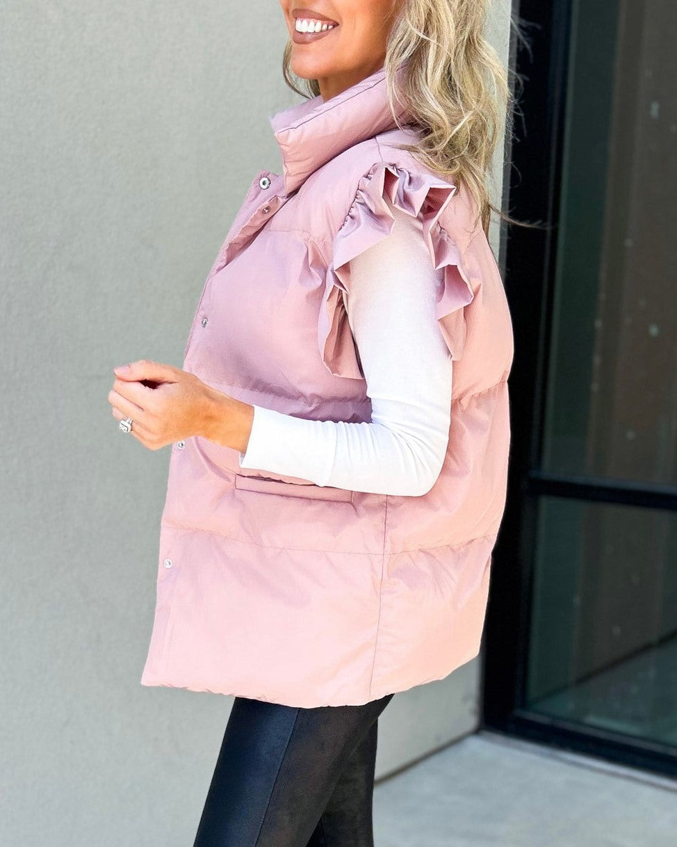 Ruffle Shoulder Longline Puffer Vest - Pink - 2