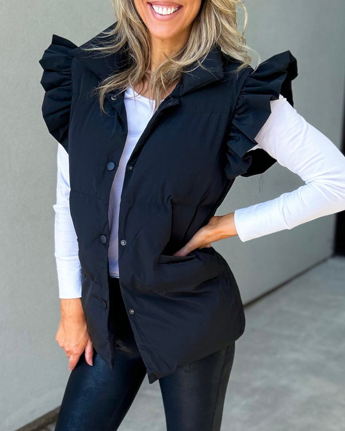 Ruffle Shoulder Longline Puffer Vest