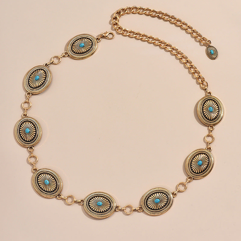 Carved Turquoise Concho Chain Belt - Oval-G - 1