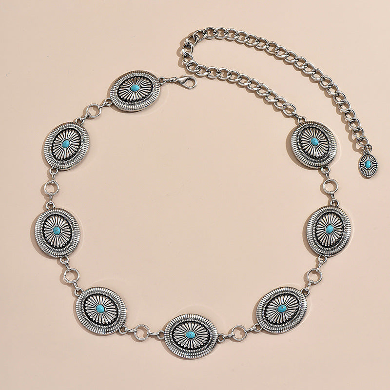 Carved Turquoise Concho Chain Belt - Oval-S - 1