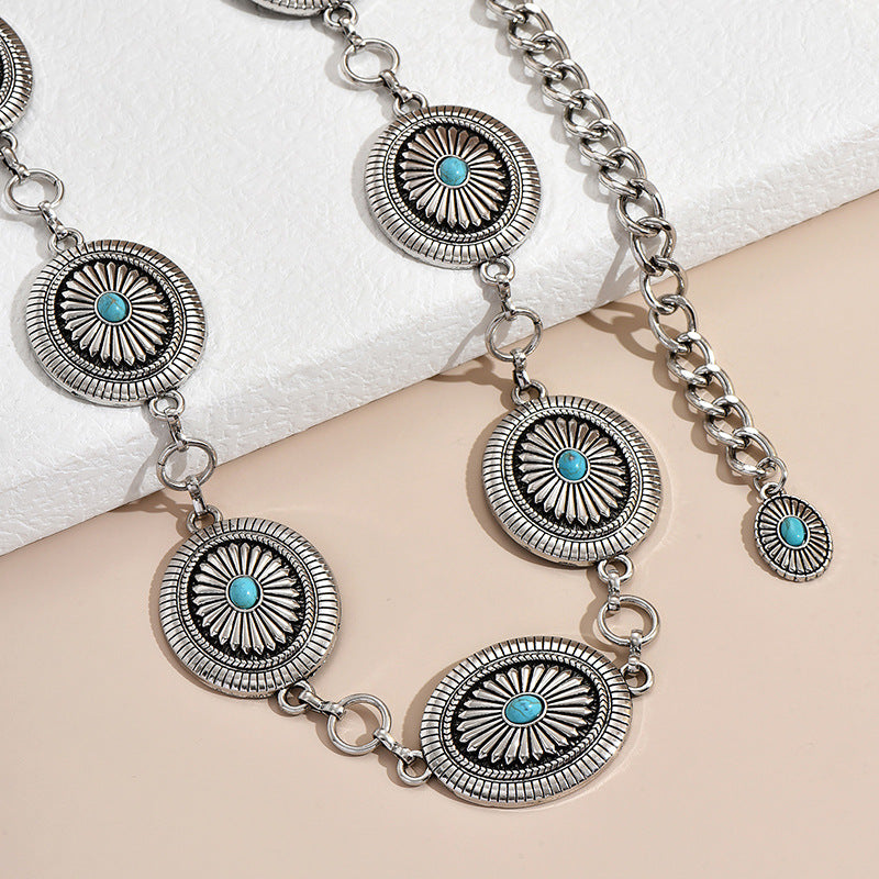 Carved Turquoise Concho Chain Belt - Oval-S - 2