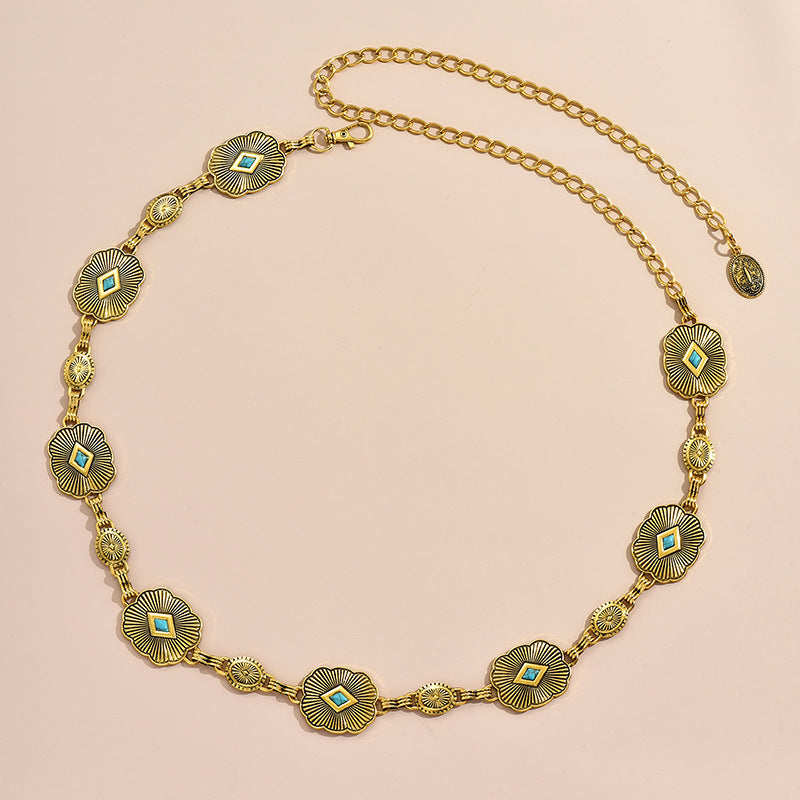 Carved Turquoise Concho Chain Belt - Square-G - 1