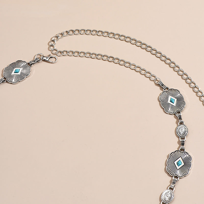 Carved Turquoise Concho Chain Belt - Square-S - 2