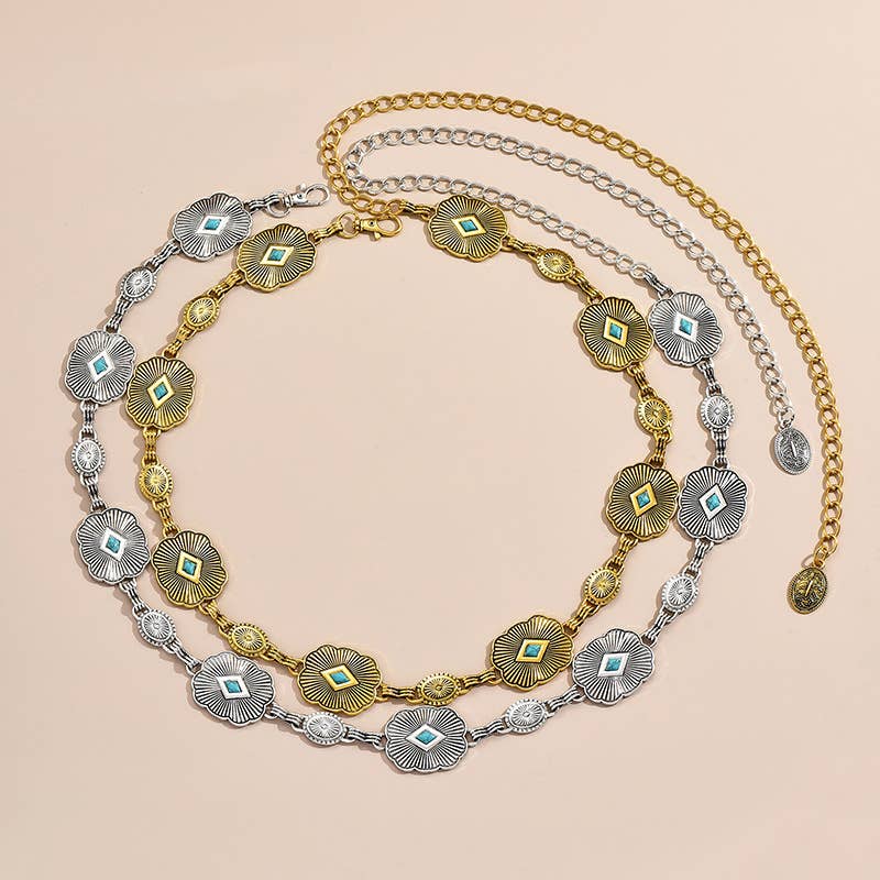 Carved Turquoise Concho Chain Belt