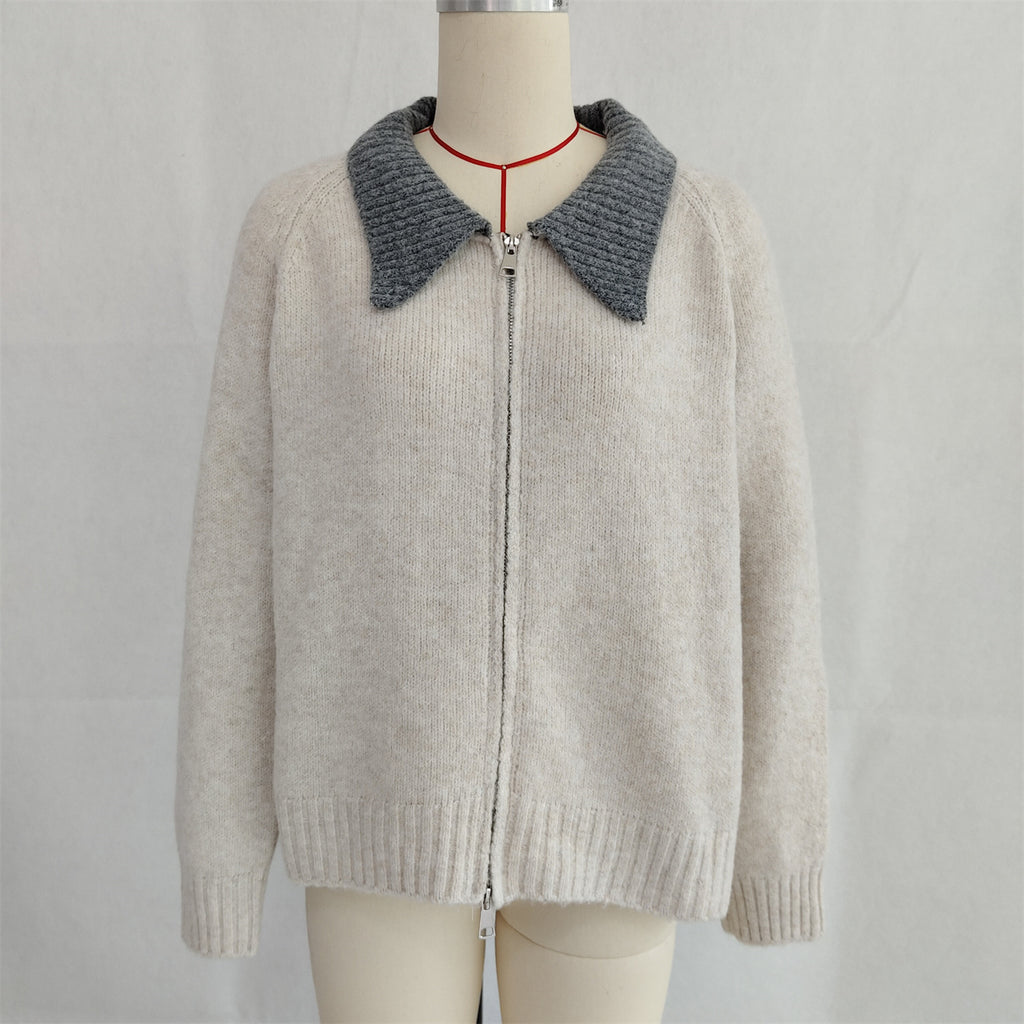 Contrast Collar Zip Front Knit Cardigan - Apricot