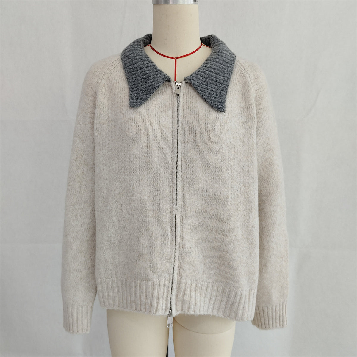 Contrast Collar Zip Front Knit Cardigan - Apricot