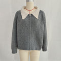 Contrast Collar Zip Front Knit Cardigan - Grey
