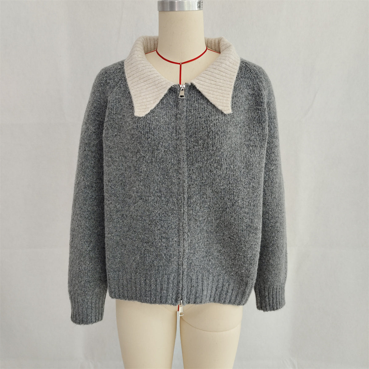 Contrast Collar Zip Front Knit Cardigan - Grey