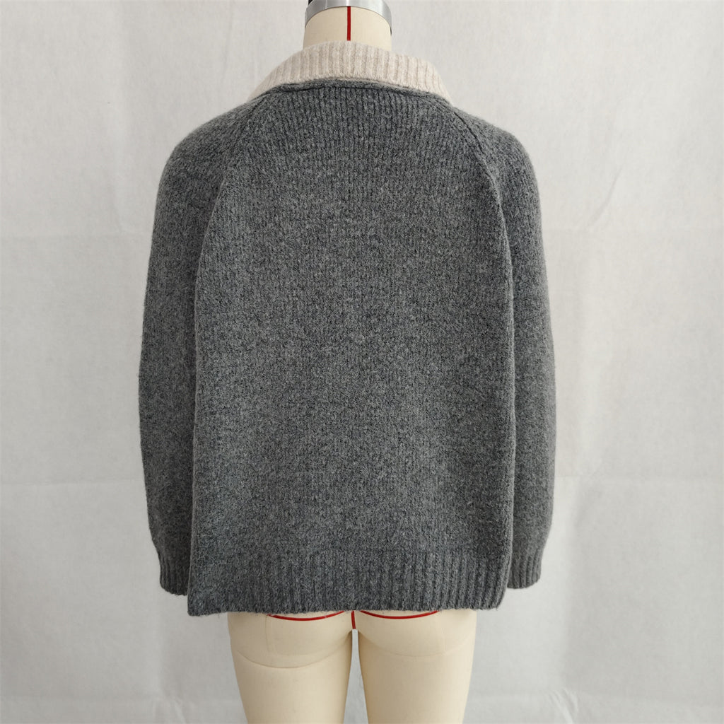 Contrast Collar Zip Front Knit Cardigan - Grey - 1