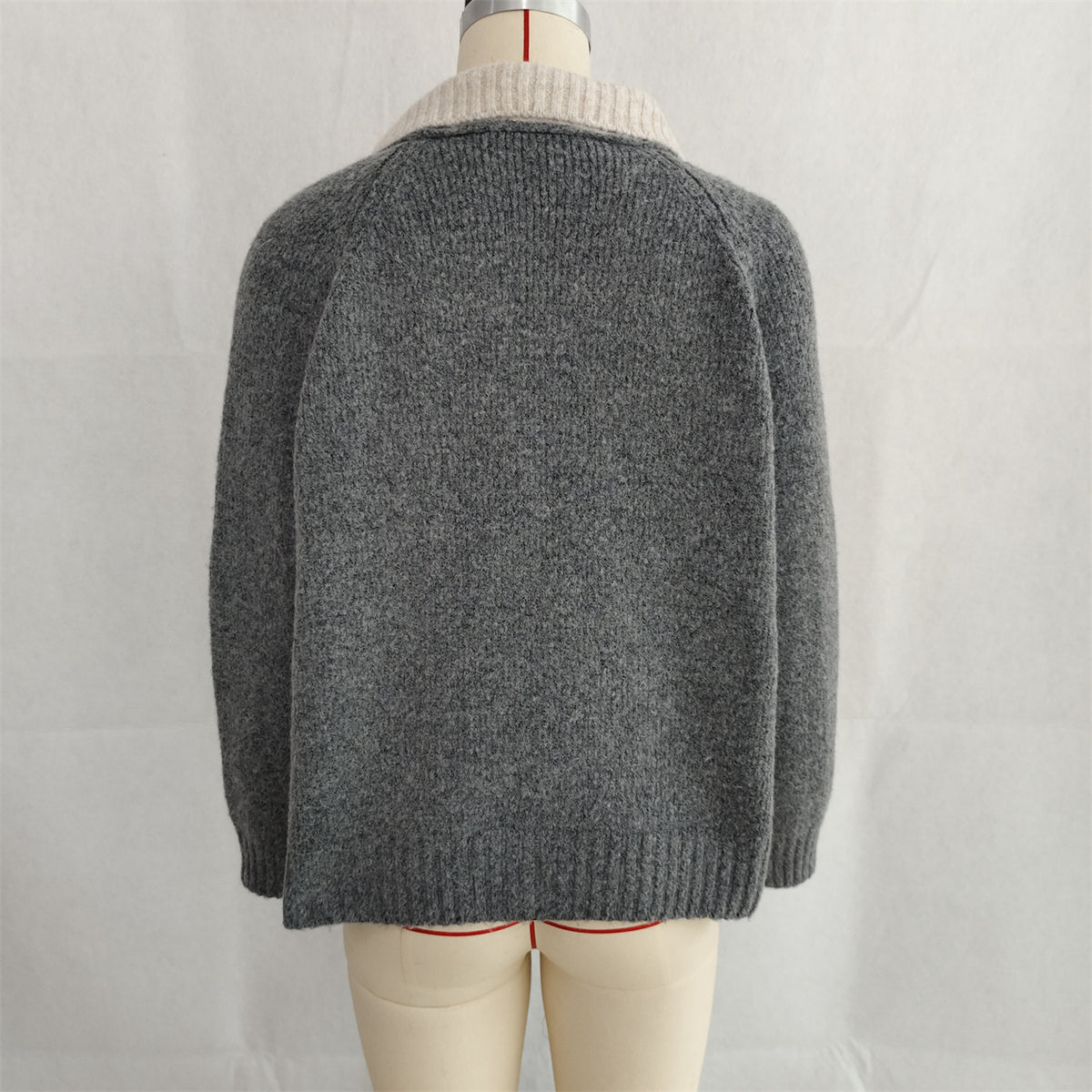 Contrast Collar Zip Front Knit Cardigan - Grey - 1