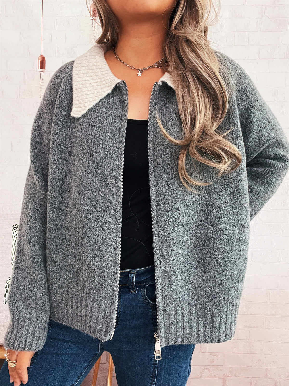 Contrast Collar Zip Front Knit Cardigan - Grey - 2