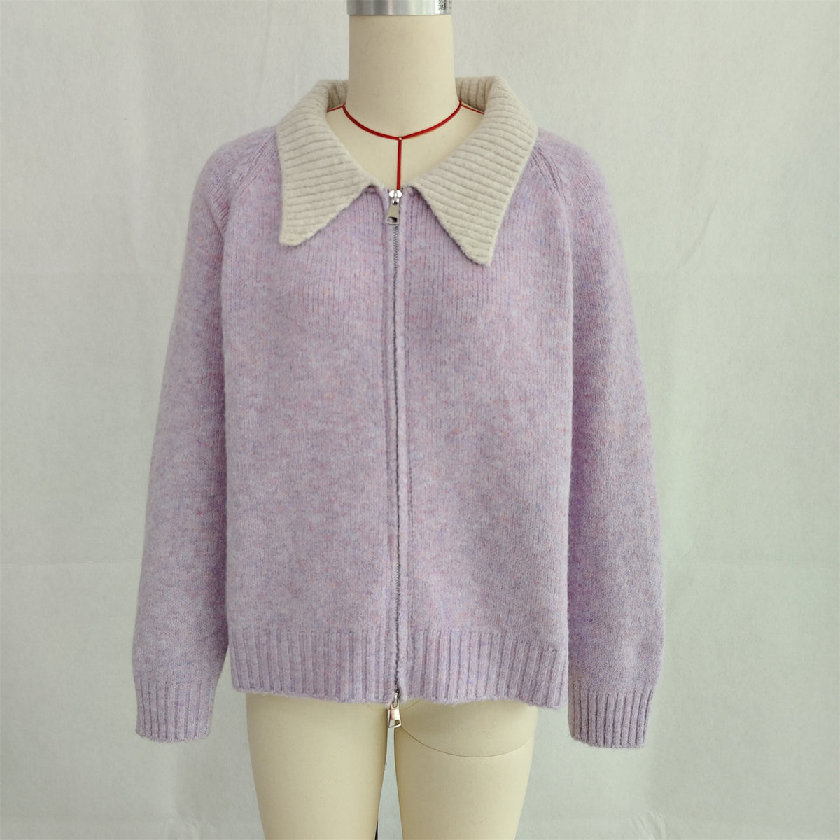 Contrast Collar Zip Front Knit Cardigan - Purple