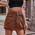 Belted High Waist Cargo Shorts - Brown