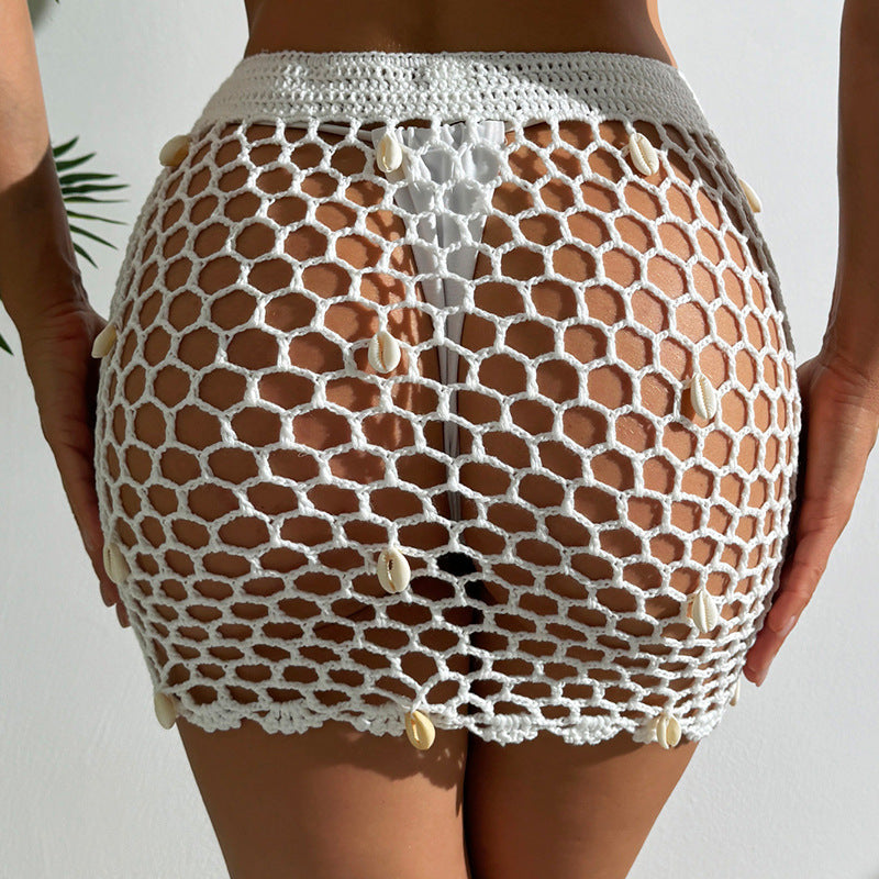 Shell Trim Open Crochet Beach Mini Skirt - White - 1
