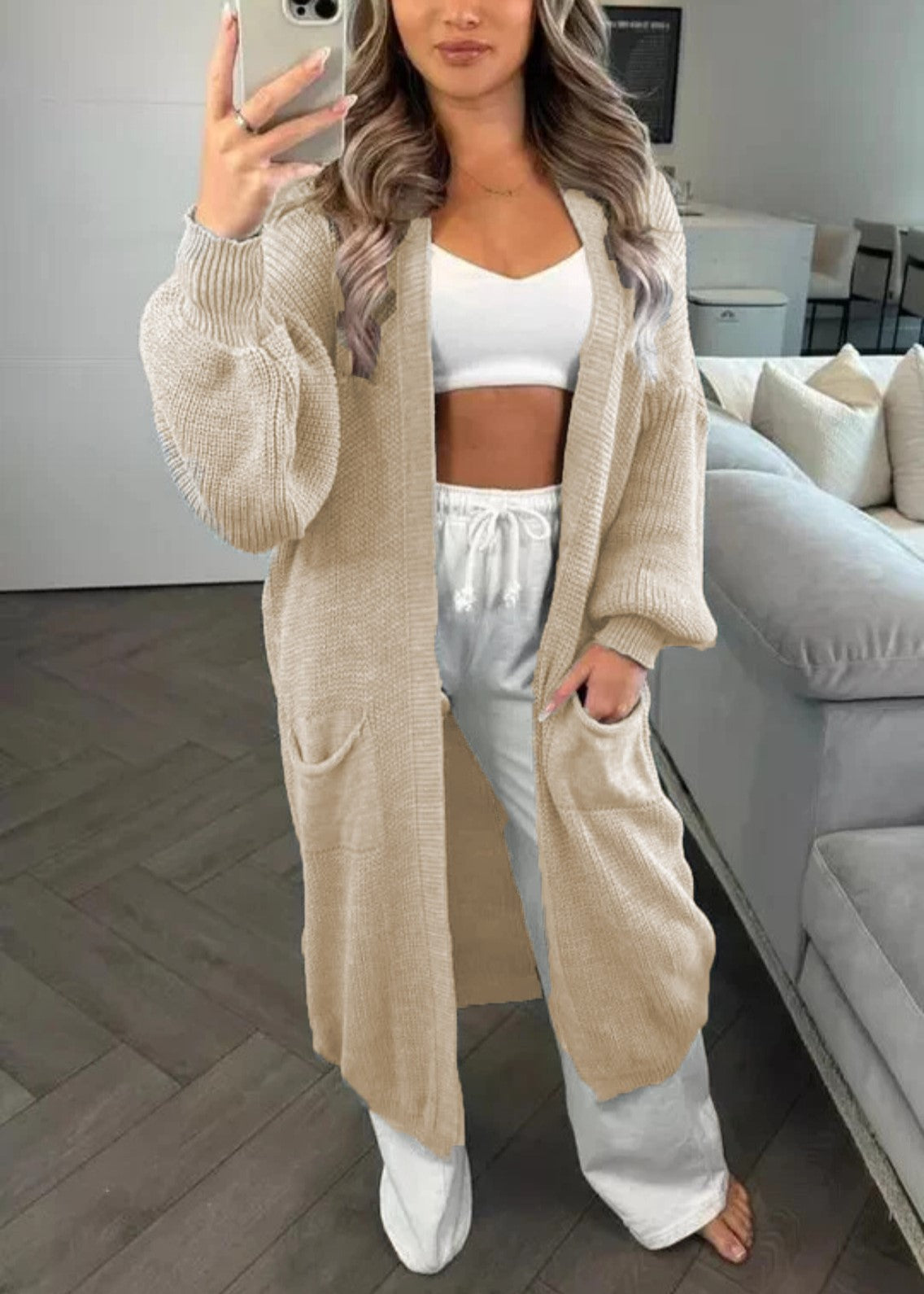 Longline Open Front Duster Cardigan with Pockets - Apricot