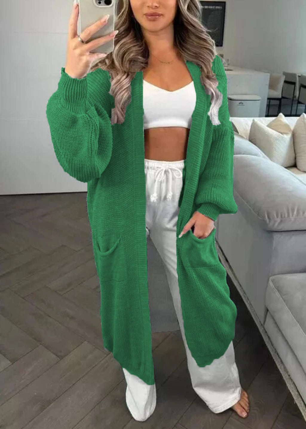 Longline Open Front Duster Cardigan with Pockets - Green