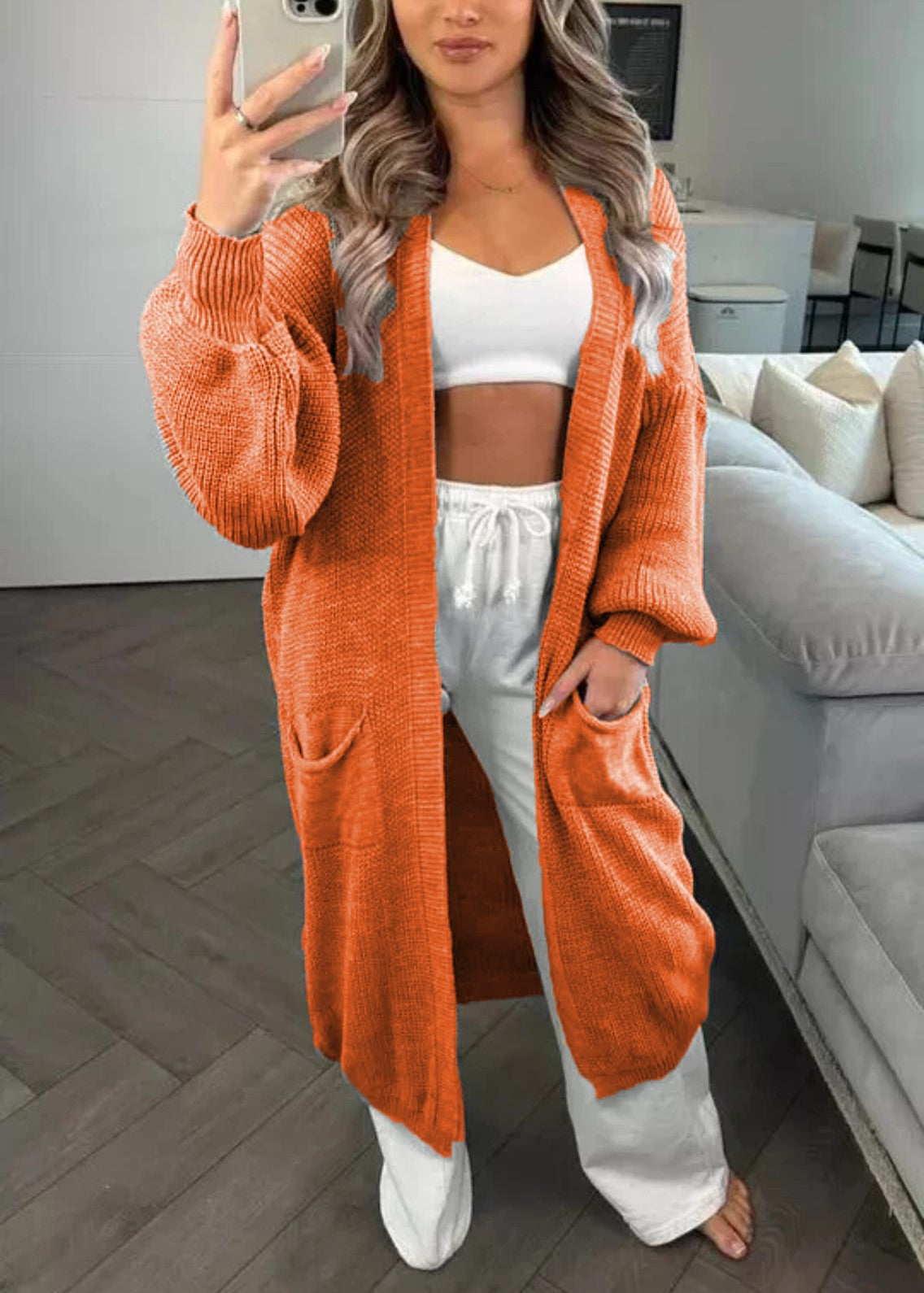 Longline Open Front Duster Cardigan with Pockets - Orange