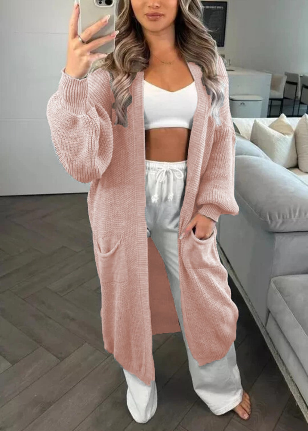 Longline Open Front Duster Cardigan with Pockets - Pink
