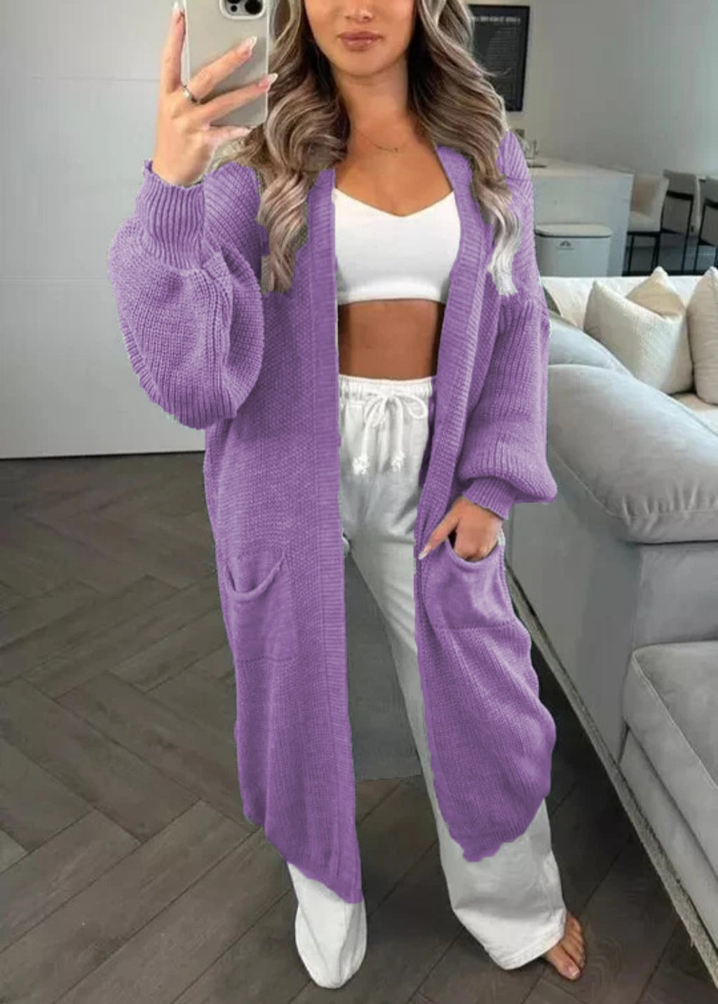 Longline Open Front Duster Cardigan with Pockets - Purple