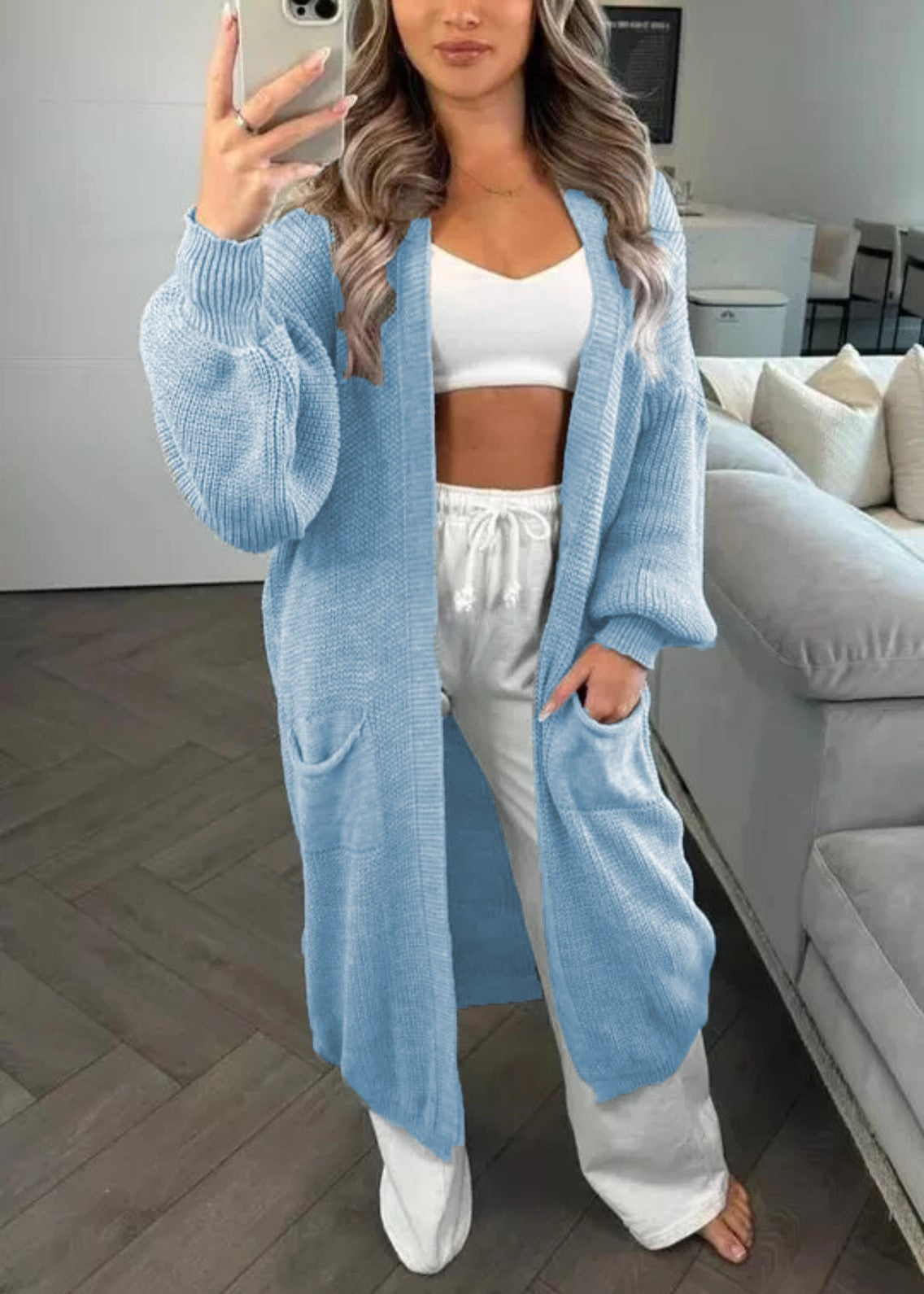 Longline Open Front Duster Cardigan with Pockets - SkyBlue