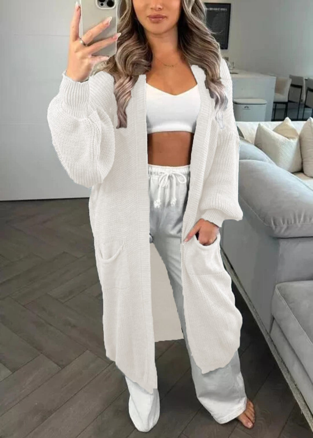 Longline Open Front Duster Cardigan with Pockets - White