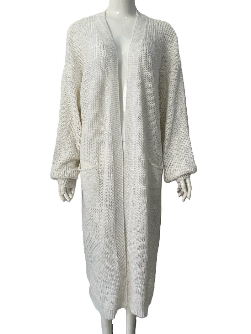 Longline Open Front Duster Cardigan with Pockets - White - 1