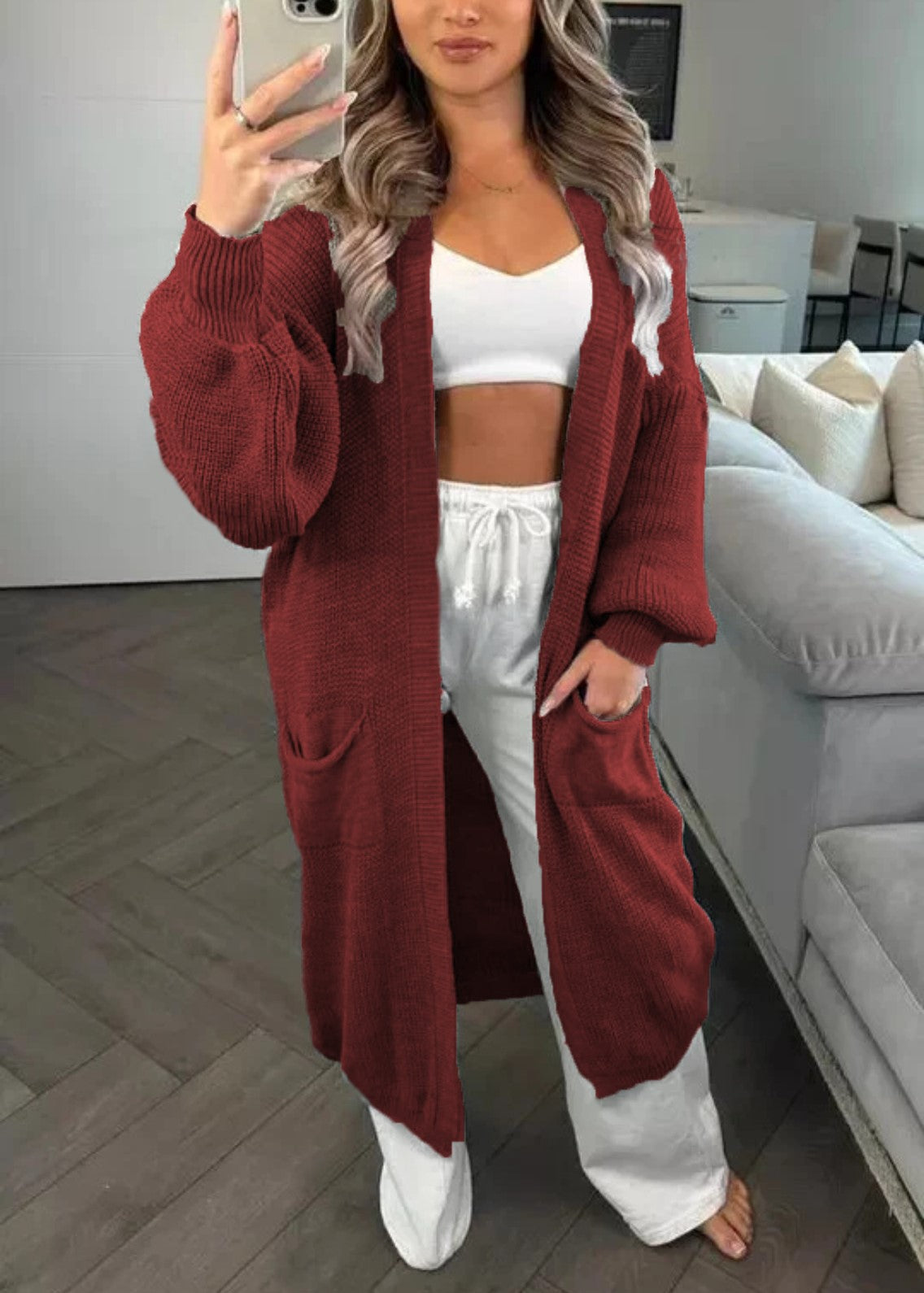 Longline Open Front Duster Cardigan with Pockets - WineRed