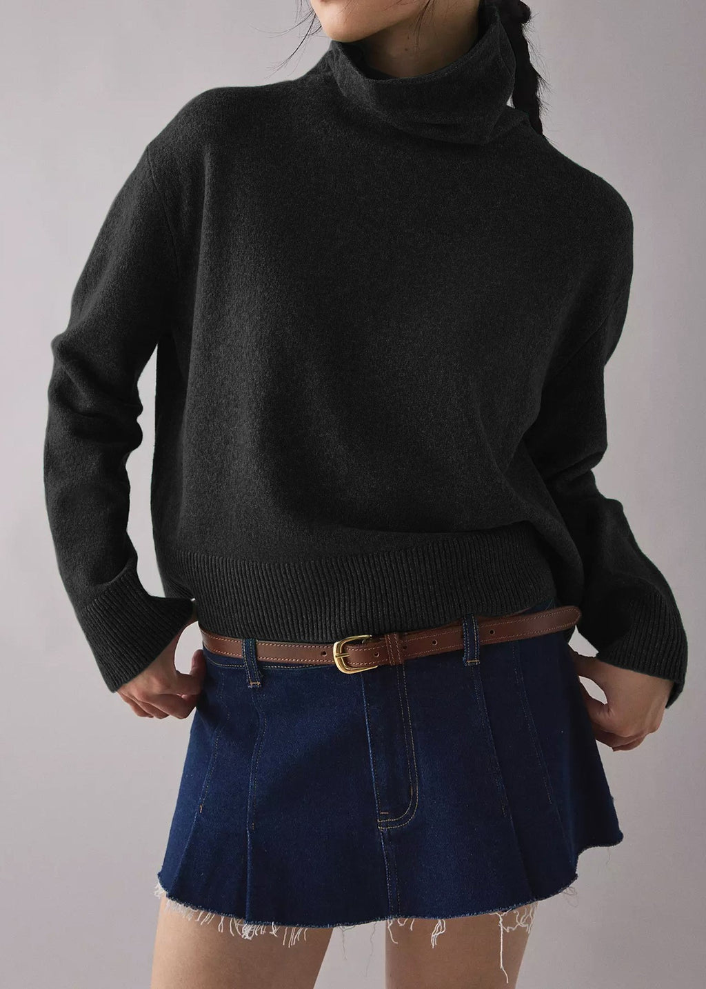 Boxy Turtleneck Drop Shoulder Knit Sweater - Black
