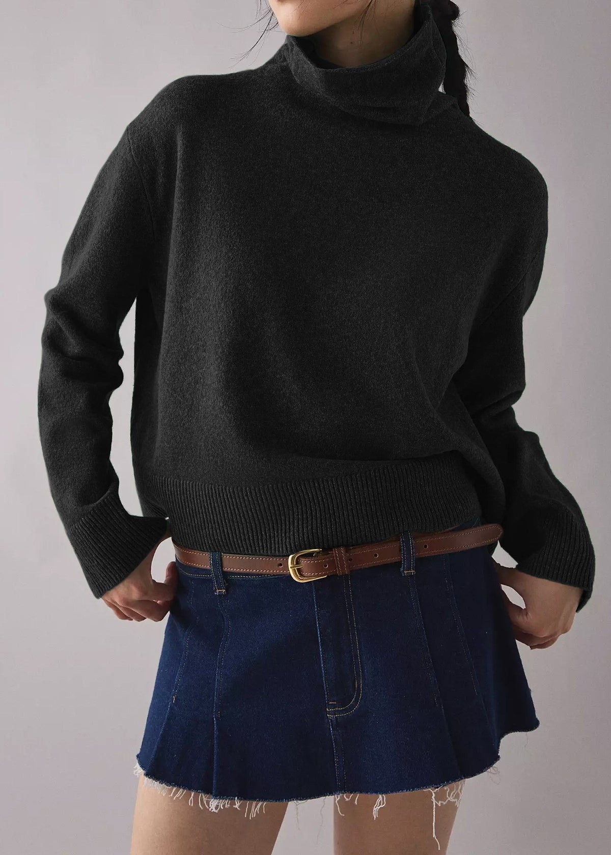 Boxy Turtleneck Drop Shoulder Knit Sweater - Black