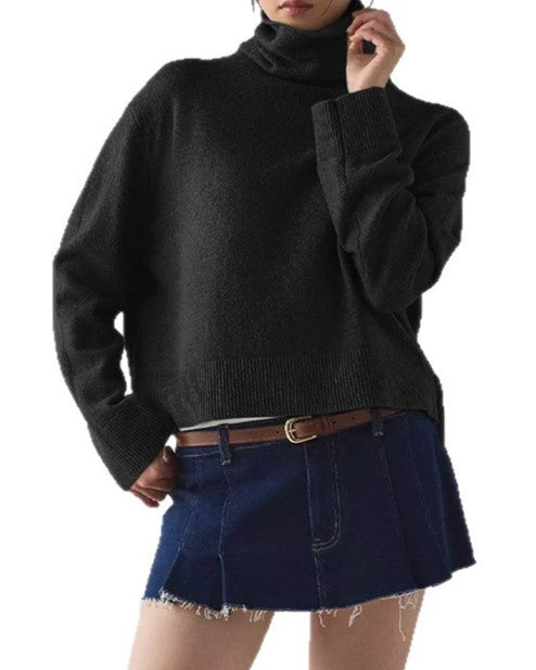 Boxy Turtleneck Drop Shoulder Knit Sweater - Black - 1
