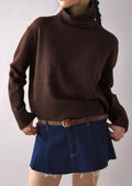 Boxy Turtleneck Drop Shoulder Knit Sweater - Brown