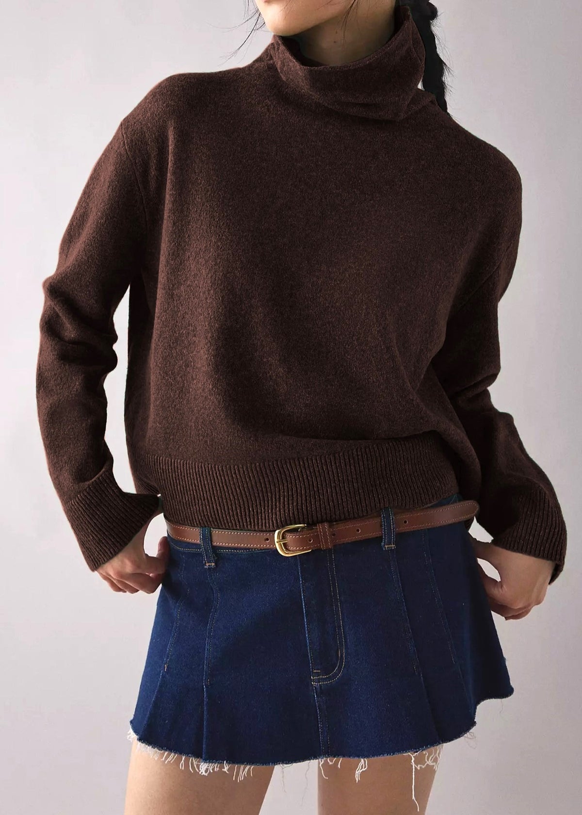 Boxy Turtleneck Drop Shoulder Knit Sweater - Brown