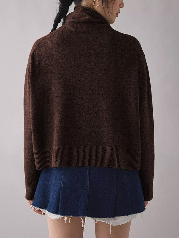 Boxy Turtleneck Drop Shoulder Knit Sweater - Brown - 1
