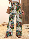 Smocked Waist Patchwork Print Wide Leg Pants - Green