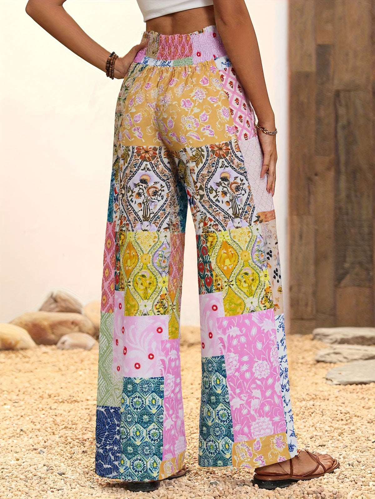 Smocked Waist Patchwork Print Wide Leg Pants - Pink - 1