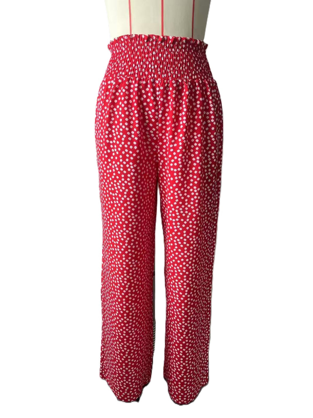 Smocked Waist Patchwork Print Wide Leg Pants - Red_F