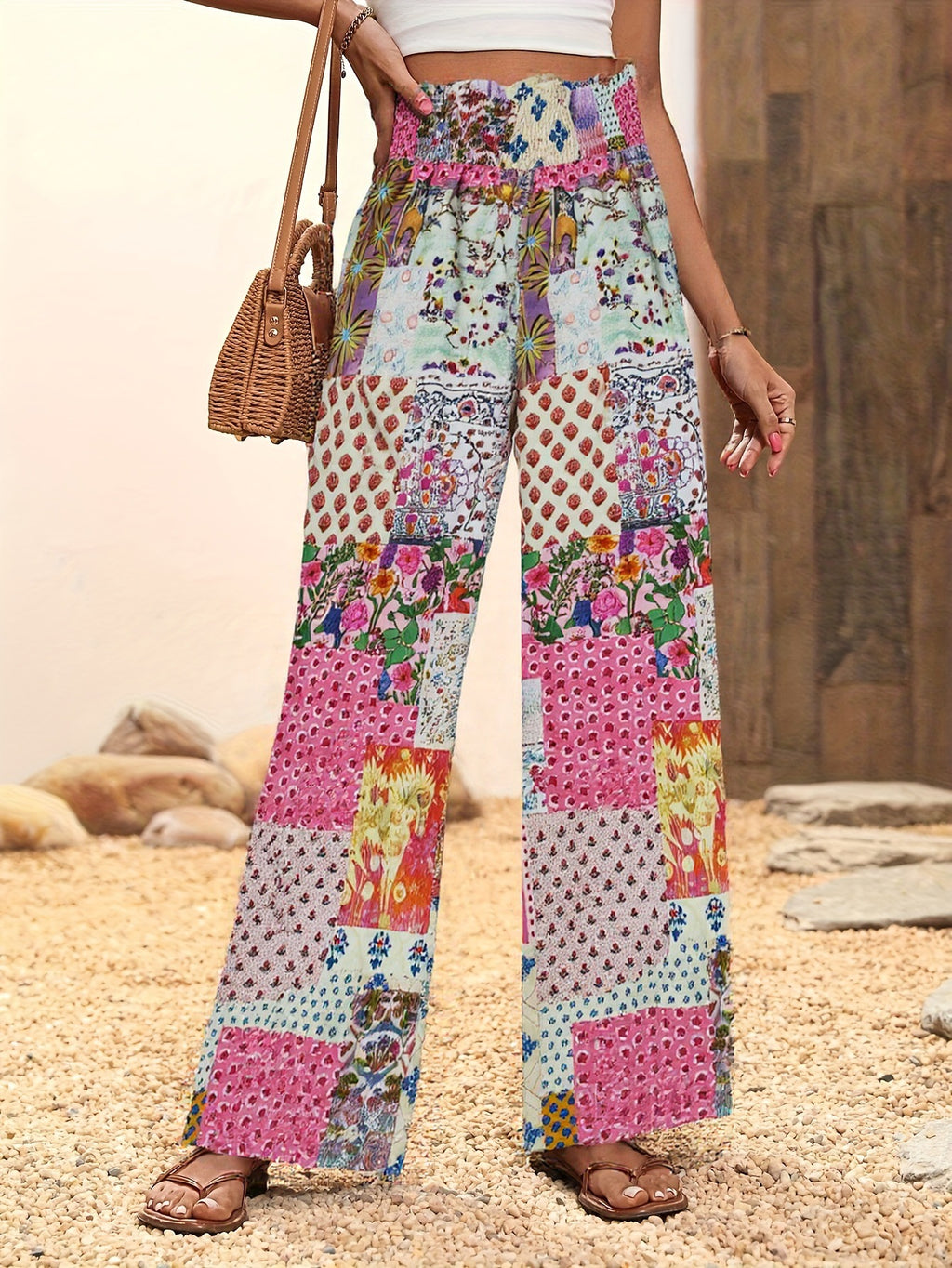 Smocked Waist Patchwork Print Wide Leg Pants - Rose